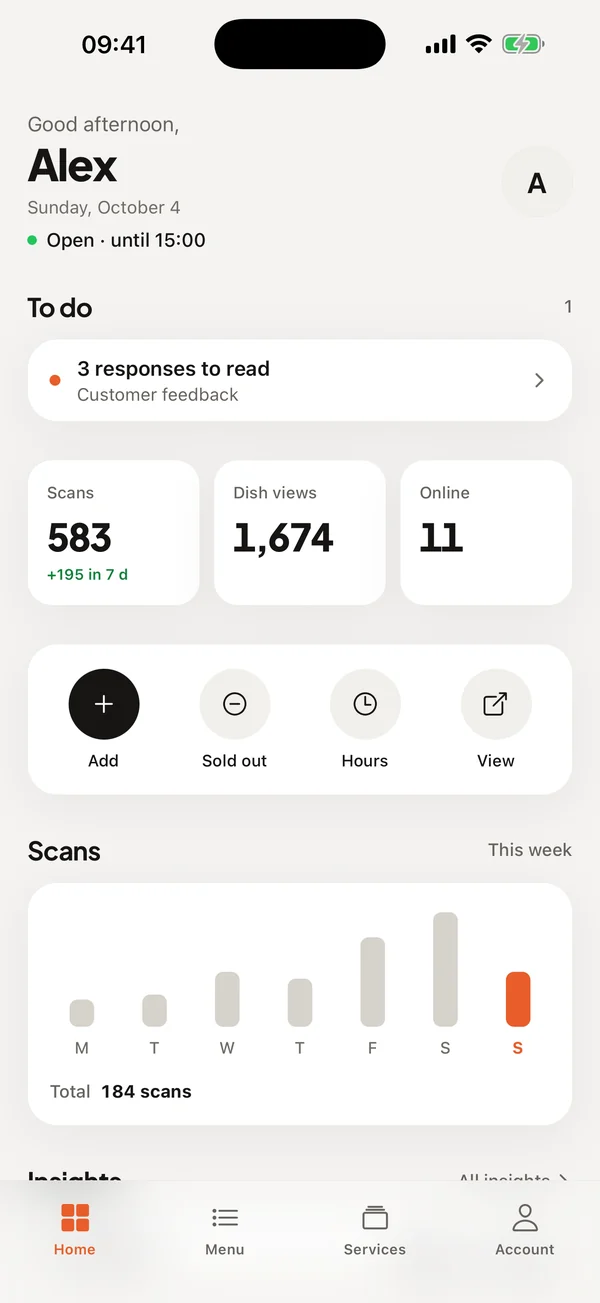 Plate app home: orders to handle, scans, dish views and quick actions