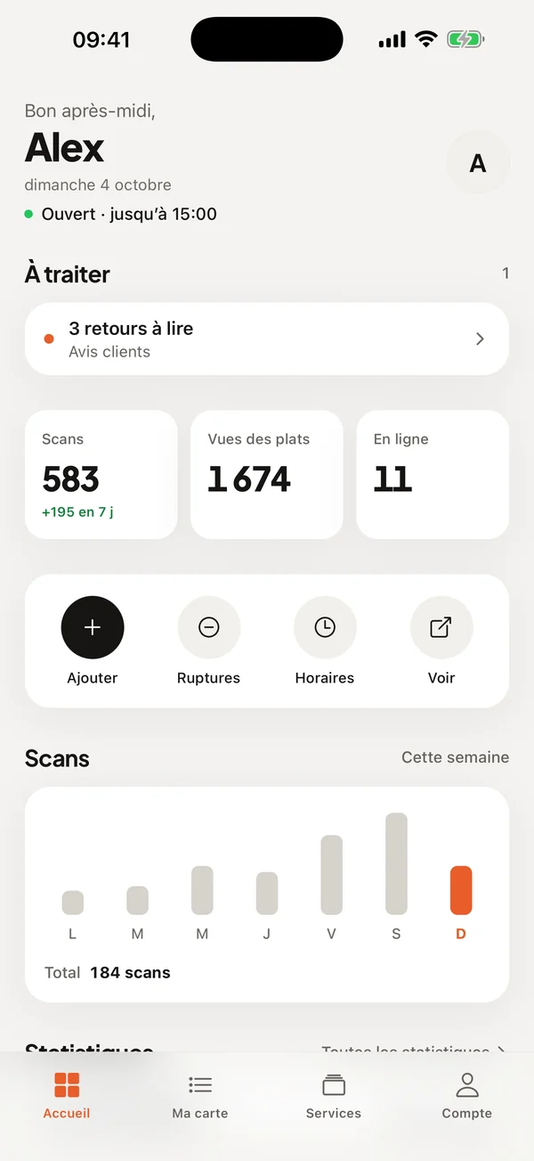 Accueil de l'app Plate : commandes à traiter, scans, vues des plats et actions rapides