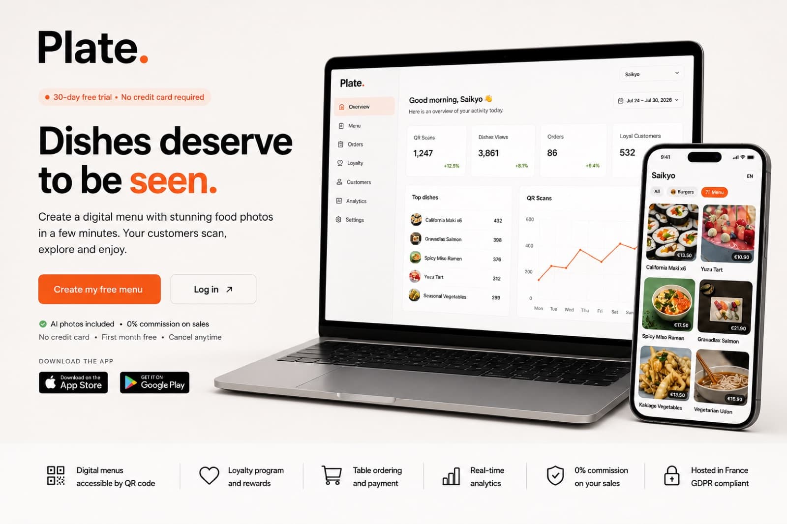 Plate launch visual: “Dishes deserve to be seen”, with the dashboard on a laptop and the photo menu on an iPhone.