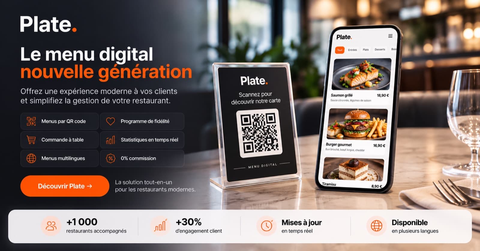 Visuel Plate : chevalet QR code « Scannez pour découvrir notre carte » et iPhone affichant la carte en photos, sur une table de restaurant.