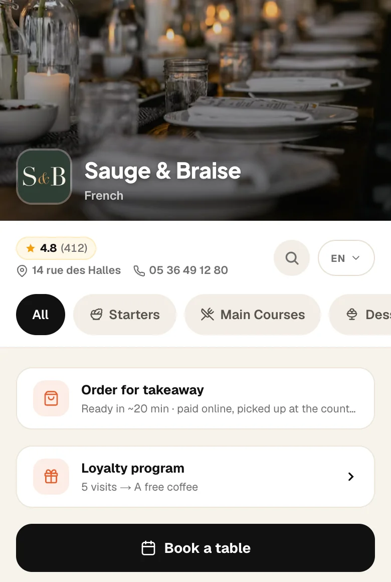 Example restaurant menu made with Plate: photos, takeaway ordering, loyalty, opening hours and reviews