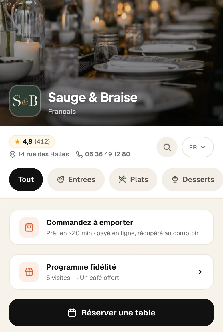 Exemple de carte de restaurant créée avec Plate : photos, commande à emporter, fidélité, horaires et avis